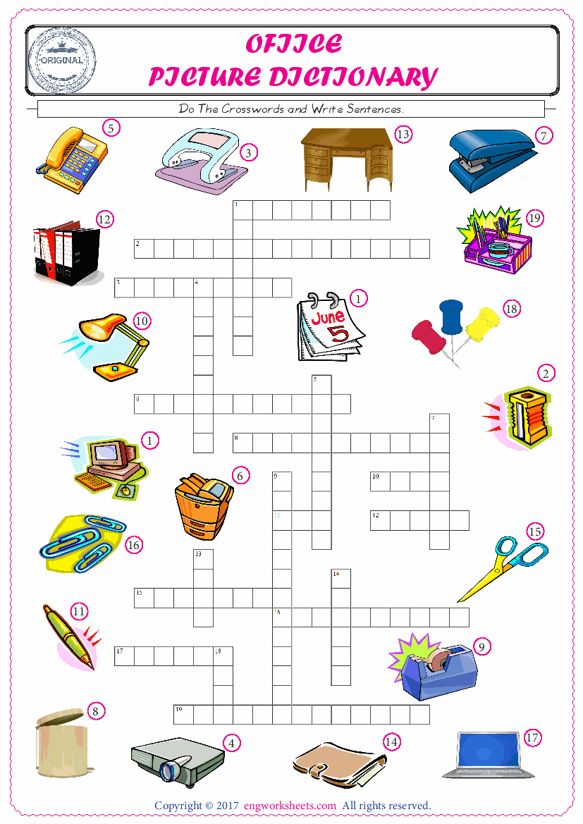  ESL printable worksheet for kids, supply the missing words of the crossword by using the Office picture. 